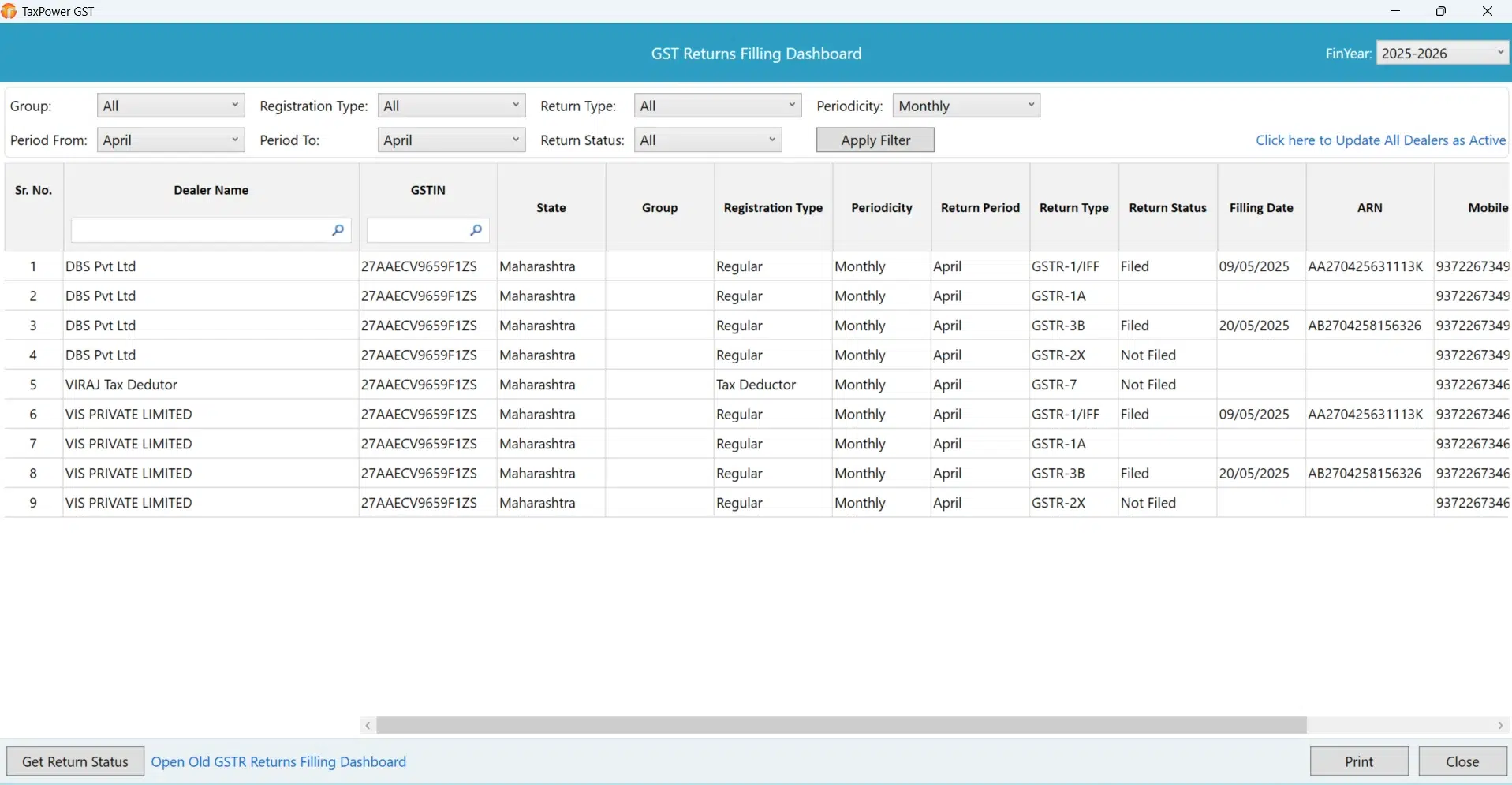 TaxPower GST return filing status dashboard across periods and clients