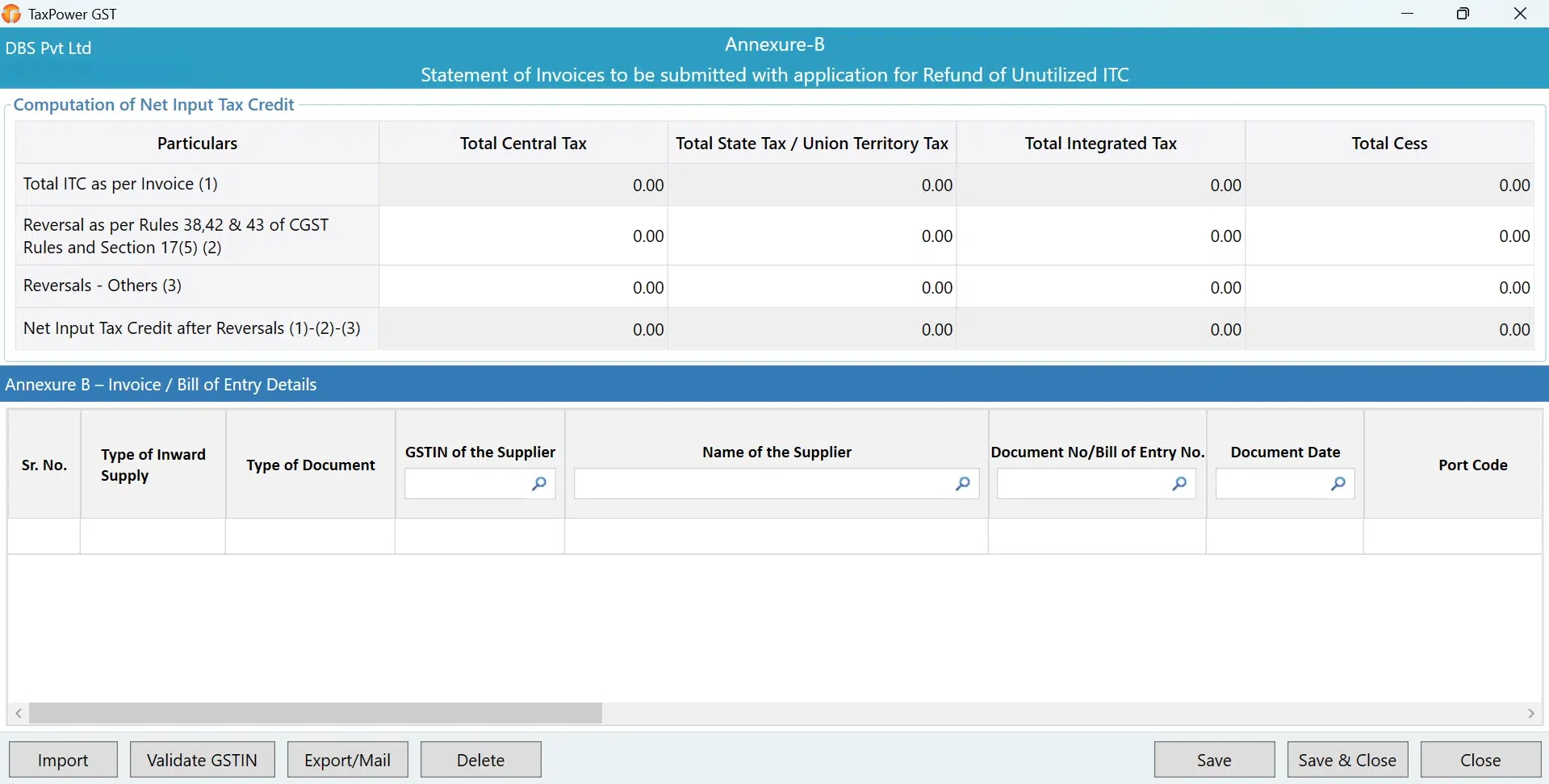 TaxPower GST Annexure-B refund application screen for accumulated ITC invoice and bill of entry details