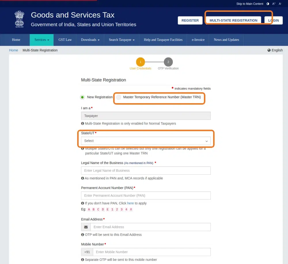 GST Multi-State Registration screen showing Master TRN and State UT selection