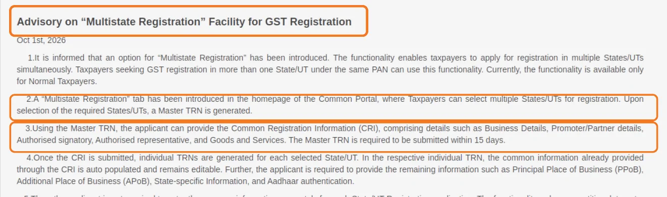 GSTN Advisory 674 on Multi-State Registration and Master TRN facility