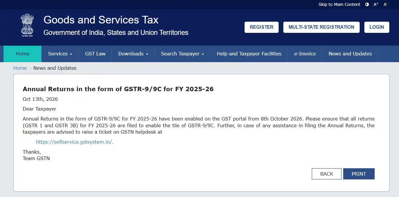 GSTN advisory on GSTR-9 and GSTR-9C for FY 2025-26 enabled on GST Portal